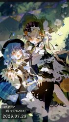  2girls :d ;d asymmetrical_legwear bird_hat_ornament black_bow black_bowtie black_capelet black_flower black_hat black_pantyhose black_rose blonde_hair blue_hair blue_necktie blue_skirt bonnet bow bow_flower bowtie braid braided_hair_rings capelet collared_shirt commentary_request dappled_sunlight dated deerstalker dress flower frilled_capelet frilled_dress frilled_skirt frilled_sleeves frills grass green_bonnet green_eyes grey_vest hair_bow hair_flower hair_ornament hair_rings happy_birthday hat hat_bow highres layered_dress layered_skirt lolita_fashion long_hair long_sleeves looking_at_viewer mahou_shoujo_no_majo_saiban multiple_girls necktie one_eye_closed open_mouth pantyhose plaid_clothes plaid_skirt rose shirt short_hair single_leg_pantyhose skirt smile sunlight tachibana_sherry tono_hanna twintails two-tone_dress user_usas4582 vest white_flower white_rose white_shirt wide_sleeves winged_hat wings yellow_eyes yellow_flower yellow_rose yuri 
