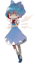  1girl black_bow black_bowtie blue_bow blue_dress blue_eyes blue_hair blue_shoes bow bowtie cirno closed_mouth commentary_request dress frown full_body hair_bow hand_on_own_arm hand_up ice ice_wings looking_at_viewer puffy_short_sleeves puffy_sleeves shirt shoes short_hair short_sleeves simple_background socks solo tcmk touhou white_background white_shirt white_socks wings 
