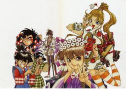  3boys 3girls ankle_wrap arm_warmers arms_up back_bow black_hair black_kimono blonde_hair blue_eyes blue_hakama bow bracelet brown_bow brown_eyes brown_hair brown_pantyhose checkered_bow checkered_clothes chest_sarashi closed_mouth commentary_request cross_scar curtained_hair dango dragon_print facepaint flame_print food gingham_clothes glasses green_arm_warmers green_hakama grin hair_ornament hair_stick hakama hakama_pants hand_on_hilt hand_on_own_cheek hand_on_own_face hands_up high_ponytail highres hiraga_genuchi hitenmaru_(jaja-hime_buyuuden) jaja-hime jaja-hime_buyuuden japanese_clothes jewelry kataginu katana kimono kinutani_yuu large_bow leg_up lipstick long_hair looking_at_viewer makeup mizuchimaru_(jaja-hime_buyuuden) mouth_hold multiple_boys multiple_bracelets multiple_girls obi official_art one_eye_closed open_mouth orange_thighhighs painting_(medium) pants pantyhose pointing ponytail print_kimono purple_bow purple_kimono red_kimono red_lips red_sash sandals sarashi sash scar scar_on_cheek scar_on_face short_hair short_sleeves simple_background smile socks stalk_in_mouth striped_clothes striped_kimono striped_thighhighs sweatdrop sword tabi thigh-highs traditional_media ugetsu-hime umekawa_(jaja-hime_buyuuden) v v-shaped_eyebrows vertical-striped_clothes vertical-striped_kimono wagashi watercolor_(medium) weapon white_background white_kimono white_socks yellow_kimono zouri 