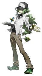  1boy baseball_cap black_hat black_undershirt blue_eyes bracelet brown_pants firstsun_d full_body green_hair hair_between_eyes hat highres jewelry long_hair looking_at_viewer male_focus n_(pokemon) necklace open_hands pants parted_lips pokemon pokemon_black_and_white shirt smile solo standing white_background white_shirt wing_collar 
