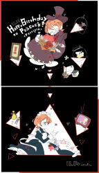  1girl abstract_background aged_down apron bag birthday black_background black_dress border bouquet bright_pupils cake cake_slice character_name closed_eyes cocktail_glass commentary_request crt cup cyborg dated dress drinking_glass english_text enmaided floating flower flower_symbol food frilled_apron frilled_dress frills full_body george_the_bomb green_eyes grin happy_birthday hat hugging_object icebanana jar maid maid_apron maid_headdress mechanical_arms multiple_views orange_hair peacock_(skullgirls) portrait_(object) purple_dress purple_hat red_border short_hair skullgirls smile static tareme television top_hat triangle two-tone_border white_apron white_border white_headdress white_pupils 