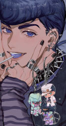  1boy beni_(96beni_) black_nails blue_eyes candy commentary crazy_diamond diamond_wa_kudakenai ear_piercing english_commentary food higashikata_josuke highres jewelry jojo_no_kimyou_na_bouken kujo_jotaro lollipop male_focus mixed-language_commentary multiple_rings piercing pompadour ring solo stand_(jojo) star_platinum v 