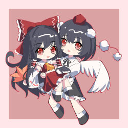  absurdres alternate_wing_color ascot bird_wings black_hair black_ribbon black_skirt bow carrying carrying_person chinese_commentary commentary_request deformed detached_sleeves feathered_wings frilled_bow frilled_hair_tubes frilled_skirt frills full_body gan_cao_xuan_mi_su hair_bow hair_tubes hakurei_reimu hat highres long_hair looking_at_viewer neck_ribbon open_mouth pom_pom_(clothes) princess_carry puffy_short_sleeves puffy_sleeves red_bow red_eyes red_hat red_skirt ribbon ribbon-trimmed_sleeves ribbon_trim shameimaru_aya short_hair short_sleeves skirt skirt_set smile tokin_hat touhou very_long_hair white_wings wings yellow_ascot yuri 