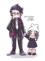 1boy 1girl ansha_(pokemon) black_coat black_hair black_jacket black_pants black_shoes blue_eyes closed_mouth coat collared_shirt commentary_request corbeau_(pokemon) eyewear_strap full_body glasses hat highres holding_hands jacket kino_haruc leg_warmers long_hair long_sleeves looking_at_viewer necktie open_clothes open_jacket pants parted_hair pink_leg_warmers pink_scarf pokemon pokemon_legends:_z-a purple_hair purple_shirt purple_shoes round_eyewear scarf shirt shoes short_hair simple_background standing undercut white_background white_hat white_necktie yellow_eyes 