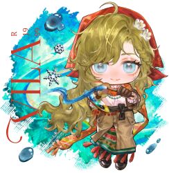  1girl absurdres black_boots blonde_hair blue_background blue_eyes boots border brown_gloves brown_skirt character_name commentary deformed delia740 fading_border fangs flower full_body gloves hair_flower hair_ornament headscarf highres holding holding_paint_palette holding_paintbrush long_hair long_skirt outside_border paint_palette paintbrush red_headscarf red_scarf reverse:1999 scarf shirt skin_fangs skirt smile snowflakes solo vila_(reverse:1999) white_border white_shirt 