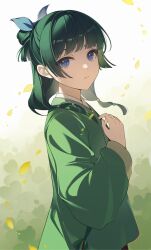  1girl blue_eyes blue_ribbon chinese_clothes chinese_commentary closed_mouth commentary_request falling_leaves freckles from_side green_hanfu hair_bun hanfu highres kanvien kusuriya_no_hitorigoto leaf long_hair long_sleeves looking_at_viewer maomao_(kusuriya_no_hitorigoto) ribbon solo 
