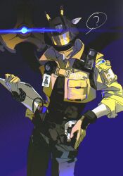  1boy ? absurdres animal_ears arknights black_pants blue_background chinese_commentary commentary_request cowboy_shot dafeiwurenkundexiangsi giraffe_boy giraffe_ears giraffe_horns gloves gradient_background hand_on_own_hip hand_up helmet highres holding holding_tablet_pc horns infection_monitor_(arknights) jacket male_focus mechanist_(arknights) pants procreate_(medium) solo spoken_question_mark standing tablet_pc walkie-talkie yellow_gloves yellow_jacket 
