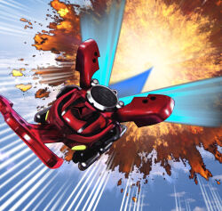  commentary_request explosion flying horns insect_wings kabuto_zecter kamen_rider kamen_rider_kabuto_(series) motion_lines murahigeya no_humans red_horns rhinoceros_beetle rider_belt single_horn speed_lines tokusatsu wings yellow_eyes 