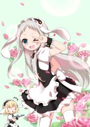  >_o 1boy 1girl :3 :d ;3 ;d ^^^ animal_ears apron arm_up back_bow black_ribbon black_vest black_wrist_cuffs blend_s blonde_hair blurry blurry_foreground blush bokeh bow center_frills collared_dress commentary_request cowboy_shot cup depth_of_field dress faceless faceless_female fake_animal_ears falling_flower falling_petals fleur_de_lapin_uniform floating_clothes floating_hair flower frilled_apron frilled_dress frills gochuumon_wa_usagi_desu_ka? green_background green_eyes grey_hair heart highres holding holding_tray kirima_syaro long_hair looking_at_viewer mafu_makura maid_headdress male_focus neck_ribbon one_eye_closed open_mouth petals pink_flower pink_petals pink_rose puffy_short_sleeves puffy_sleeves rabbit_ear_headwear rabbit_ears ribbon rose short_dress short_sleeves small_sweatdrop smile solo_focus sparkle standing teacup thigh-highs trap tray turning_head v-shaped_eyebrows variant_set very_long_hair vest w w_over_eye waist_apron white_apron white_bow white_dress white_thighhighs wink_heart wrist_cuffs zettai_ryouiki 