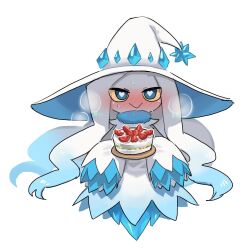  1other :> blue_dress blue_eyes blue_hair blue_hat blue_skin blush blush_visible_through_hair cake closed_mouth colored_skin crystal_hat_ornament dress food hat heart heart-shaped_pupils heavy_breathing highres holding holding_cake holding_food ice_crystal icelyn_(palworld) long_hair long_sleeves looking_at_viewer neck_fur pal_(creature) palworld porforever simple_background solo symbol-shaped_pupils tomato tomato_slice witch_hat 