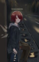  1girl absurdres arknights black_jacket black_leggings black_shoes closed_mouth commentary_request detached_wings energy_wings exusiai_(arknights) feet_out_of_frame grey_shorts hair_over_one_eye halo highres hood hoodie jacket leggings long_sleeves red_eyes red_hair road shoes short_hair shorts sitting solo traditional_halo user_fmsr2333 white_hoodie wings yellow_halo 