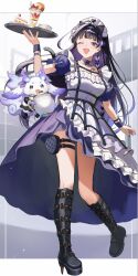  1girl 1other :d animal_ears apron black_boots black_dress black_nails black_shoes boots bow bowtie cake cake_slice cat_ears cat_girl cat_tail chest_harness chest_tattoo collarbone commentary_request cup detached_collar dress fingernails food frilled_apron frilled_sleeves frills fruit furry gold_trim green_eyes hand_up harness high_heel_boots high_heels highres holding holding_teapot holding_tray knee_boots looking_at_viewer lunlun_(maid)_(nijisanji) lunlun_(nijisanji) maid maid_apron maid_headdress meloco_kyoran meloco_kyoran_(maid) mia_(fai1510) nail_polish nijisanji nijisanji_en official_alternate_costume open_mouth parfait platform_boots pouch puffy_short_sleeves puffy_sleeves purple_dress shoes short_sleeves smile strawberry strawberry_parfait strawberry_shortcake tail tattoo teacup teapot thigh_pouch thigh_strap tray virtual_youtuber wafer_stick white_apron white_bow white_bowtie white_fur wing_collar wrist_cuffs 