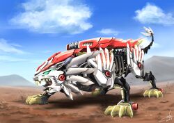  beast_liger claws commentary_request fang glowing glowing_eyes green_eyes highres ikana_oo lion lion_tail mecha mecha_focus mechanical_tail no_humans non-humanoid_robot open_mouth outdoors robot robot_animal sharp_teeth signature solo tail teeth zoids zoids_wild_zero 