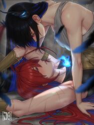  2girls ahoge alternate_costume asymmetrical_horns bare_shoulders black_hair black_horns blue_fire blue_hair breasts colored_inner_hair commentary elizabeth_rose_bloodflame english_commentary feathers fire fire_on_chest highres hololive hololive_english horns huge_ahoge jasper_xandros long_hair looking_at_another multicolored_hair multiple_girls nerissa_ravencroft red_eyes red_hair scar sideboob two-tone_hair uneven_horns very_long_hair virtual_youtuber 
