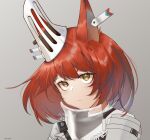  1girl animal_ears arknights bangs brown_eyes closed_mouth commentary_request eyebrows_visible_through_hair flametail_(arknights) grey_background highres jacket pota_douzhi redhead simple_background solo upper_body white_jacket 