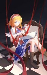  1girl absurdres alice_margatroid blonde_hair blue_dress blue_eyes book boots brown_boots capelet chair checkered_floor chinese_commentary closed_mouth commentary_request cup dress frilled_hairband frills gan_cao_xuan_mi_su hairband highres holding holding_cup lace-up_boots looking_at_viewer medium_hair on_chair open_book red_hairband red_ribbon red_sash ribbon sash smile solo teacup touhou waist_sash white_capelet 