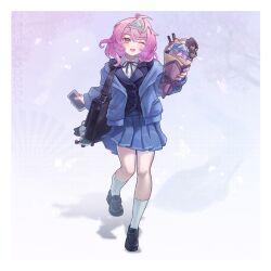  1girl :d ;d alternate_costume bag bag_charm black_jacket black_shoes blue_hoodie blue_skirt blush cellphone character_charm charm_(object) chinese_commentary collared_shirt commentary_request contemporary crepe food full_body highres holding holding_crepe holding_food holding_phone hood hoodie jacket konpaku_youmu loafers looking_at_viewer neck_ribbon one_eye_closed open_clothes open_hoodie phone pink_eyes pink_hair pleated_skirt red_ribbon ribbon s-tea-m saigyouji_yuyuko school_bag school_uniform shirt shoes shoulder_bag skirt smartphone smile socks solo touhou triangular_headpiece white_shirt white_socks 