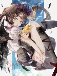  bird_wings bow brown_eyes brown_hair cellphone collared_shirt commentary_request feathers flip_phone frilled_shirt_collar frills from_side hair_bow hat highres himekaidou_hatate holding holding_phone kneehighs long_hair looking_at_viewer mitsusame phone pointy_ears purple_bow purple_hat shirt short_sleeves socks tokin_hat touhou twintails twitter_username white_shirt wings 