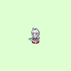  1girl animal_ears black_skirt commentary_request cooking_(cooking72947581) detached_sleeves full_body green_background grey_hair hat highres holding holding_shield holding_sword holding_weapon inubashiri_momiji pixel_art red_eyes red_hat red_skirt shield shirt simple_background skirt sleeveless sleeveless_shirt solo sword tail tokin_hat touhou two-tone_skirt weapon white_shirt wolf_ears wolf_girl wolf_tail 
