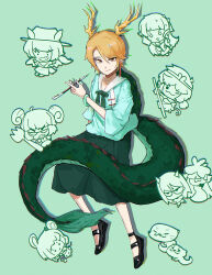  6+girls :3 absurdres animal_ears antlers black_shoes blonde_hair blue_shirt bow bowtie chibi chibi_inset chinese_commentary circlet closed_mouth commentary_request cowboy_hat dowsing_rod dragon_girl dragon_horns dragon_tail full_body fur-tipped_tail gohei green_background green_bow green_bowtie grin hat highres holding holding_gohei holding_smoking_pipe holding_spork horns kicchou_yachie kiseru kochiya_sanae kurokoma_saki long_hair looking_at_viewer mary_janes mouse_ears mouse_girl mouse_tail multiple_girls nazrin nippaku_zanmu otter_spirit_(touhou) pointy_ears shirt shoes short_hair simple_background smile smoking_pipe solo_focus son_biten spork stunionjy tail touhou toutetsu_yuuma turtle_shell wings yellow_eyes yellow_horns yomotsu_hisami 