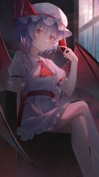 1girl absurdres ascot bat_wings blue_hair champagne_flute chinese_commentary closed_mouth collared_shirt commentary_request crossed_legs cup drinking_glass frilled_shirt_collar frilled_skirt frills hair_between_eyes hat hat_ribbon highres holding holding_cup looking_at_viewer mob_cap puffy_short_sleeves puffy_sleeves red_ascot red_eyes remilia_scarlet ribbon shirt short_hair short_sleeves sitting skirt skirt_set solo touhou white_hat white_shirt white_skirt wings z-bow 