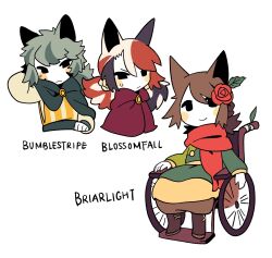  1boy 2girls animal_ears arm_behind_head black_cloak black_eyes blossomfall blush boots briarlight brother_and_sister brown_boots brown_hair bumblestripe calico_(pattern) cat_boy cat_ears cat_girl character_name chinese_commentary cloak commentary_request deformed dress flat_color flower green_dress grey_hair hair_flower hair_ornament highres hood hood_down hooded_cloak long_hair low_ponytail medium_hair multicolored_hair multiple_girls omen_of_the_stars personification ponytail red_cloak red_flower rehtaef siblings simple_background sisters sitting warrior_cats wheelchair white_background 