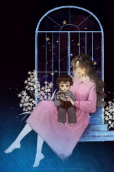  1boy 1girl :o absurdres aged_down artist_name barefoot black_background blue_shirt book breasts brown_hair brown_pants child closed_mouth collared_dress collared_shirt commentary degrees_of_lewdity dress english_commentary facing_ahead flower from_side full_body green_eyes highres holding holding_book holding_stuffed_toy knees_together_feet_apart kylar_(degrees_of_lewdity) kylar_(male)_(degrees_of_lewdity) light_blush long_dress long_hair long_sleeves looking_at_object medium_breasts mole mole_above_eye mole_on_neck mole_under_eye mother_and_child mother_and_son multiple_moles night pants parent_and_child parted_hair pink_dress puffy_long_sleeves puffy_sleeves shirt short_bangs short_hair simple_background sitting sitting_on_lap sitting_on_person sky sleeves_past_wrists star_(sky) starry_sky stuffed_owl stuffed_toy very_short_hair wavy_hair white_flower zerosevengt 