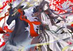 1boy black_hair fate/grand_order fate_(series) flower fur_collar hand_on_own_knee long_hair male_focus n_oel qilin_(mythology) red_background riding smile tai_gong_wang_(fate) topknot twitter_username violet_eyes 