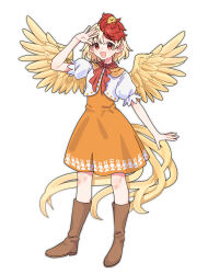  1girl absurdres animal_on_head baby_animal bird bird_on_head bird_tail bird_wings blonde_hair boots brown_boots chick commentary_request dress feathered_wings highres looking_at_viewer medium_hair multicolored_hair niwatari_kutaka nnn_lu on_head one-hour_drawing_challenge open_mouth orange_dress puffy_short_sleeves puffy_sleeves red_eyes red_hair shirt short_sleeves smile solo tail touhou two-tone_hair white_shirt wings 