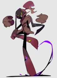  armarouge armor black_helmet commentary_request eye_trail fiery_hair fire floating_armor helmet highres kenzaki_yoroi light_trail looking_at_viewer pokemon pokemon_(creature) red_eyes simple_background standing standing_on_one_leg yellow_armor 