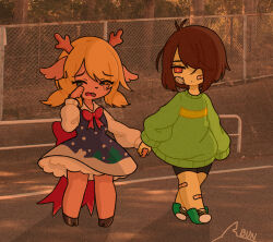  1girl 1other aged_down animal_ears antlers artist_name bandage_on_face bandages bandaid bandaid_on_face bandaid_on_leg blonde_hair bow bowtie brown_hair bunnysharks_(artist) child crying deer_antlers deer_ears deer_girl deltarune freckles green_shoes hair_over_one_eye highres holding_hands horns kris_(deltarune) noelle_holiday photo_background red_bow red_bowtie red_eyes shaded_face shoes short_twintails sneakers striped_clothes striped_sweater sweater twintails utdr_(toby_fox) 