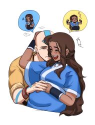  1boy 1girl aang arrow_(symbol) arrow_tattoo avatar:_the_last_airbender avatar_aang:_the_last_airbender avatar_legends bald blue_tattoo couple dark-skinned_female dark_skin forehead_tattoo head_tattoo highres hug hug_from_behind husband_and_wife katara nicehi pregnant tattoo 