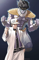  2boys abs androgyne_symbol bare_pectorals belt black_background black_hair black_shirt closed_mouth coat colored_skin diamond_wa_kudakenai haruko_(chikadoh) hat jojo_no_kimyou_na_bouken kujo_jotaro male_focus multiple_belts multiple_boys pants pectorals purple_skin shirt stand_(jojo) star_platinum white_coat white_hat white_pants 