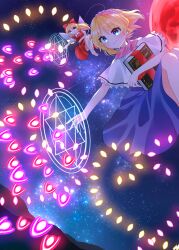  1girl absurdres alice_margatroid blonde_hair blue_dress blue_eyes book capelet closed_mouth commentary_request danmaku dress frilled_hairband frills grimoire grimoire_of_alice hairband highres himegami903 magic_circle moon night pink_hairband red_moon shanghai_doll sky smile solo star_(sky) starry_sky touhou white_capelet 