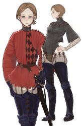  1girl absurdres armor belt blue_eyes brown_hair chainmail commentary commission emmelot_(wassnonnam) english_commentary facing_viewer gambeson gauntlets greaves highres leotard multiple_views original pagansp1der patterned_clothing sabaton short_hair thigh-highs white_background 