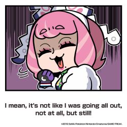  1girl :3 bkub bow chibi chibi_only closed_eyes coat collared_shirt commentary company_name copyright_notice drill_hair drill_sidelocks english_commentary english_text eyeshadow fur_coat gloves green_shirt hair_bow hairband klara_(pokemon) lipstick makeup mole mole_under_mouth official_art open_mouth pink_eyeshadow pink_hair pink_lips pokemon pokemon_masters_ex print_shirt purple_gloves purple_shirt second-party_source shaded_face shirt short_hair sidelocks solo two-tone_shirt white_bow white_coat white_hairband 