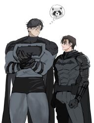  2boys absolute_batman absolute_dc back_spikes batman batman_(absolute_dc) batman_(series) batman_symbol belt bodysuit bruce_wayne bruce_wayne_(absolute_dc) cowl dc_comics grey_bodysuit highres looking_at_another male_focus multicolored_suit multiple_boys muscular muscular_male robert_pattinson superhero_costume taut_bodysuit taut_clothes the_batman_(2022) tjfclfb two-tone_suit utility_belt 