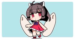  1girl ahoge bare_arms bare_shoulders blue_background blunt_bangs blunt_ends blush_stickers border bow bowtie brown_hair chibi chibi_only closed_mouth double-parted_bangs dress full_body headgear ini_(inunabe00) kiritanpo_(food) looking_at_viewer outline outside_border ponytail purple_bow purple_bowtie red_dress red_eyes red_shoes sailor_collar sailor_dress shoes short_hair simple_background sleeveless sleeveless_dress socks solo standing touhoku_kiritan voiceroid white_border white_outline white_sailor_collar white_socks 
