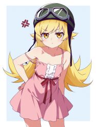  1girl absurdres bare_shoulders blonde_hair border closed_mouth dress goggles goggles_on_headwear hand_on_own_hip helmet highres long_hair looking_at_viewer luna_velstra monogatari_(series) oshino_shinobu pink_dress pout simple_background vampire very_long_hair white_border yellow_eyes 