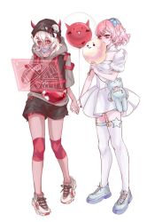  2girls animal_bag aqua_shoes balloon beanie bear_bag black_hat black_shorts black_vest blue_flower cleavage_cutout closed_mouth clothing_cutout commentary_request cotton_candy cytus cytus_ii dress fake_horns flower full_body grey_hoodie hair_flower hair_ornament hat holding_hands holographic_interface hood hood_down hoodie horned_headwear horns ivy_(cytus) knee_sleeve mask medium_hair mouth_mask multiple_girls pink_hair puffy_short_sleeves puffy_sleeves red_eyes red_horns shoes short_hair short_sleeves shorts sneakers star_(symbol) surgical_mask thigh-highs thigh_strap vanessa_(cytus_ii) vest w-tea white_dress white_hair white_shoes white_thighhighs 