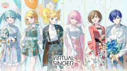  2boys 4girls :d aqua_dress aqua_eyes aqua_hair artist_name balloon belt blonde_hair blue_background blue_eyes blue_flower blue_hair blue_jacket blue_pants bouquet breasts brown_eyes brown_hair buttons closed_mouth collared_shirt column_lineup commentary_request company_name copyright_notice cowboy_shot cropped_vest dot_nose double-parted_bangs dress earrings english_text flipped_bangs floral_print floral_print_dress floral_print_jacket floral_print_pants floral_print_skirt flower frilled_dress frilled_sleeves frills gem green_skirt green_vest grin group_name guest_art hair_between_eyes hair_ornament hair_ribbon hairband hand_up hatsune_miku high-waist_skirt high_collar high_ponytail highres holding holding_bouquet jacket jacket_on_shoulders jewelry juliet_sleeves kagamine_len kagamine_rin kaito_(vocaloid) lapels large_breasts light_blush lineup long_hair long_sleeves looking_at_viewer medium_breasts megurine_luka meiko_(vocaloid) miniskirt multiple_boys multiple_girls musical_note musical_note_earrings musical_note_hair_ornament nail_polish necklace notched_lapels official_alternate_costume official_alternate_hair_ornament official_art open_clothes open_jacket open_mouth pants pearl pearl_hairband pearl_necklace pink_hair pink_skirt ponytail print_dress print_skirt project_sekai puffy_sleeves red_flower red_jacket red_nails ribbon second-party_source shirt short_hair short_ponytail skirt smile standing suspenders swept_bangs turtleneck turtleneck_shirt twintails ugonba_(howatoro) very_long_hair vest violet_eyes vocaloid white_dress white_flower white_ribbon white_shirt 