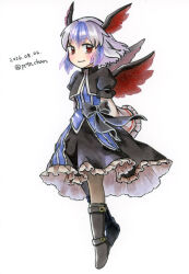  1girl bird_wings black_boots black_skirt blue_hair boots brown_pantyhose closed_mouth commentary_request dated frilled_skirt frilled_sleeves frills full_body grey_hair head_wings long_sleeves looking_at_viewer medium_hair multicolored_hair one-hour_drawing_challenge pantyhose proton red_eyes red_wings simple_background skirt smile solo tokiko_(touhou) touhou twitter_username two-tone_hair white_background wide_sleeves wings 