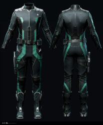  3d aqua_trim belt black_bodysuit blender_(medium) bodysuit boots commentary company_logo copyright_logo copyright_name dark_background dated english_commentary eve_online from_behind full_body gallente_federation_(eve_online) grey_background grey_belt highres honeycomb_(pattern) honeycomb_print logo long_sleeves marmoset_toolbag_(medium) maya_(medium) multiple_views no_humans official_art photorealistic realistic science_fiction undoz zbrush_(medium) 
