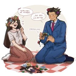  ace_attorney black_hair blue_suit crossover flower hair_flower hair_ornament head_wreath highres laughing long_skirt mari_(omori) mika_yesha omori phoenix_wright picnic_blanket seiza sitting skirt socks suit 