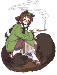  1girl :3 absurdres animal_ears brown_eyes brown_hair checkered_clothes checkered_scarf closed_mouth commentary_request full_body futatsuiwa_mamizou futatsuiwa_mamizou_(human) geta glasses green_haori haori highres holding holding_smoking_pipe japanese_clothes large_tail leaf leaf_on_head looking_at_viewer nnn_lu one-hour_drawing_challenge raccoon_ears raccoon_girl raccoon_tail scarf simple_background sitting_on_own_tail smile smoking_pipe socks solo tail touhou white_background white_socks 