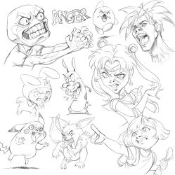  2boys 2girls angry bald bishoujo_senshi_sailor_moon character_request choker clenched_teeth commentary copyright_request courage_(character) courage_the_cowardly_dog crescent crescent_earrings dora_marquez dora_the_explorer earrings eevee english_commentary english_text highres jewelry kirby kirby_(series) lineart monochrome multiple_boys multiple_girls open_mouth pikachu pointing pokemon pokemon_(creature) sailor_moon sketch spiky_hair stanley_lau teeth tiara tsukino_usagi twintails veins 