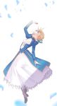  1girl arm_up artoria_pendragon_(fate) blonde_hair blue_ribbon boots braid crown_braid dress fate/stay_night fate_(series) floating highres juliet_sleeves light_rays long_sleeves looking_up petals puffy_sleeves ribbon roku_(ntbr_fate) saber solo white_background 