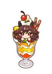  1girl animal_ears brown_hair cherry chibi chibi_only commentary_request cup ear_covers food fruit gentildonna_(umamusume) highres horse_ears horse_girl ice_cream in_container in_cup kiwi_(fruit) kiwi_slice looking_at_viewer mochiusasa parfait simple_background smile solo umamusume violet_eyes wafer_stick white_background 