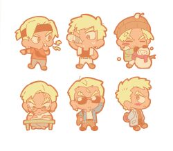 1boy absurdres backpack bag beanie black_tank_top blonde_hair blowing_whistle blush bottle building_snowman chibi chibi_only closed_eyes commentary dark-skinned_male dark_skin drinking gamagoori_ira glasses hair_slicked_back hat headband highres jacket kill_la_kill looking_at_viewer male_focus multiple_views orange_shirt pants parted_bangs qin_(7833198) reading shirt simple_background sunglasses sweat sweater tank_top towel towel_around_neck untranslatable_commentary water_bottle white_background white_pants white_shirt yellow_theme 
