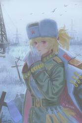  1girl absurdres artist_name belt bird blonde_hair blush breath chinese_text coat commentary_request cowboy_shot cross facial_mark flock fog gloves grave green_belt green_coat hand_to_own_mouth hat highres jili51232 looking_at_viewer medal military_uniform original outdoors ponytail red_eyes red_star scar scar_across_eye scar_on_face sky snow solo standing star_(symbol) transmission_tower ushanka white_gloves white_hat winter 